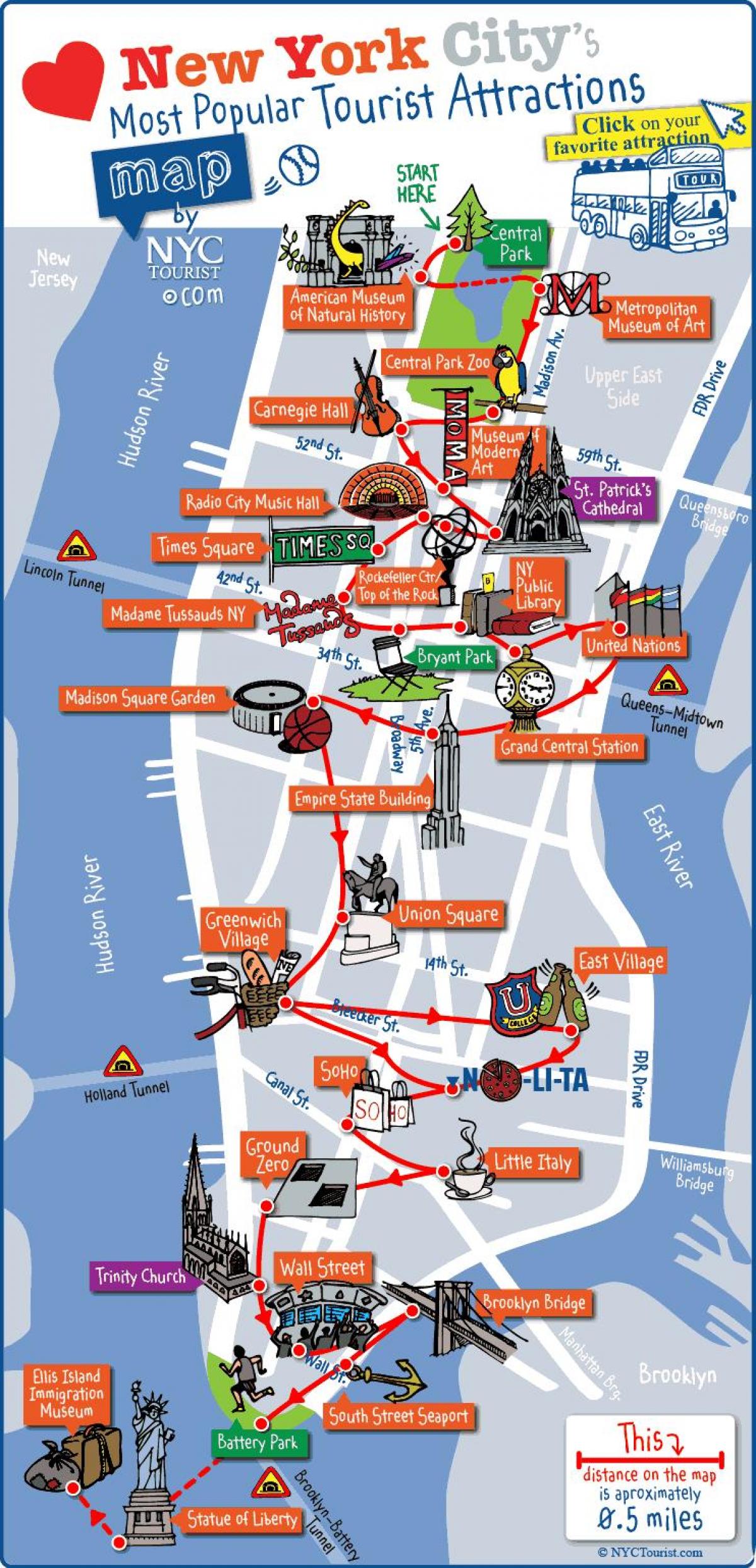 Manhattan Attraktion map - Karte von Manhattan New York