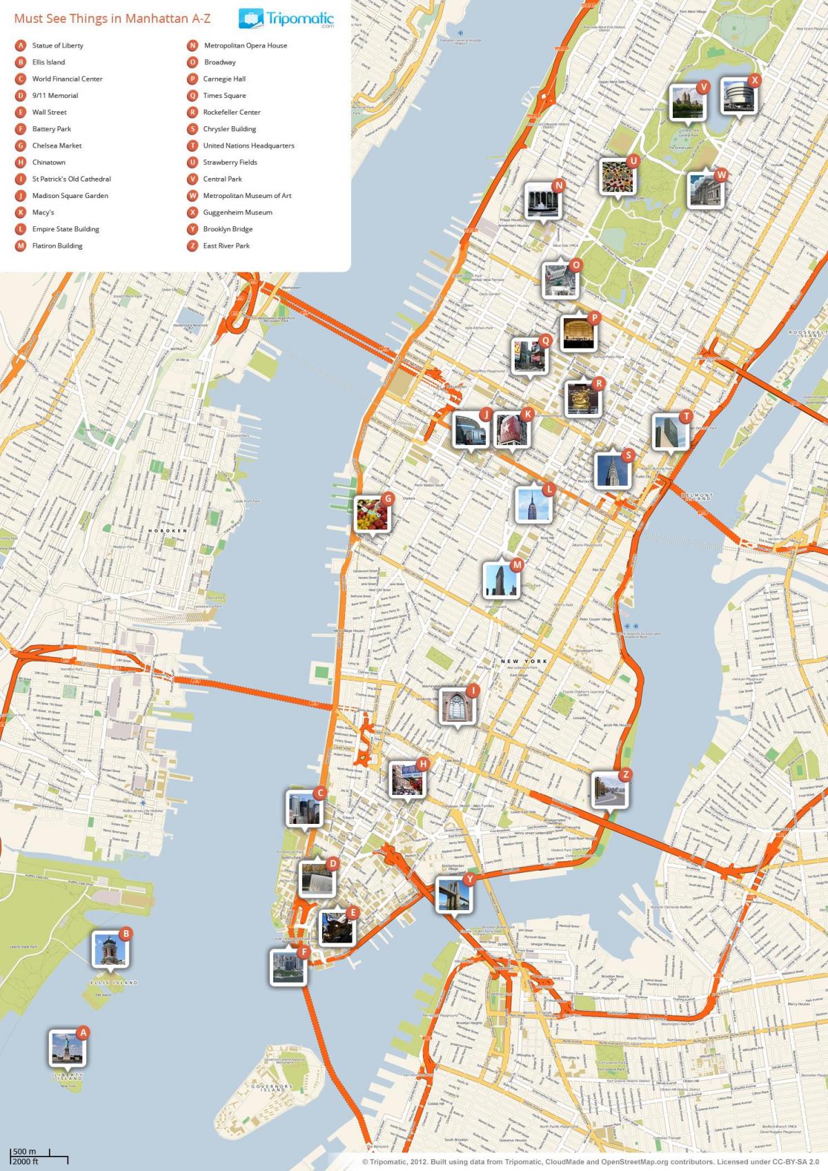 Karte von Manhattan zeigen Touristenattraktionen