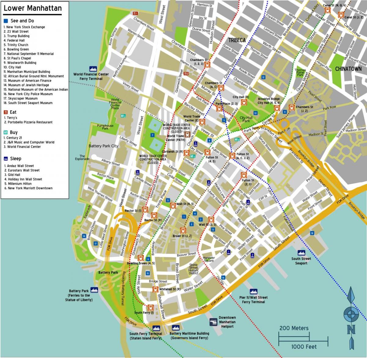 Karte von lower Manhattan mit Straßennamen